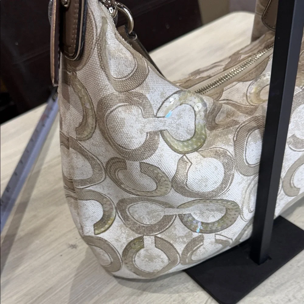 Coach Kristin Cream and Tan Signature Sequin Hobo Bag-EUC